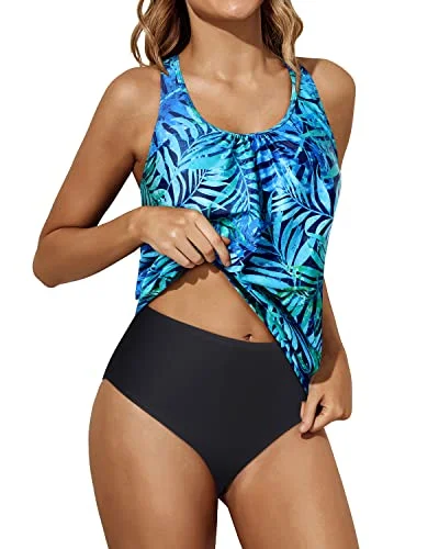 Super Sale Blouson Tankini Tops Bikini Bottoms Swimsuit Blouson Swimwear-Dark Blue Green Leaves Super Sale Blouson Tankini Tops Bikini Bottoms Swimsuit Blouson Swimwear-Dark Blue Green Leaves