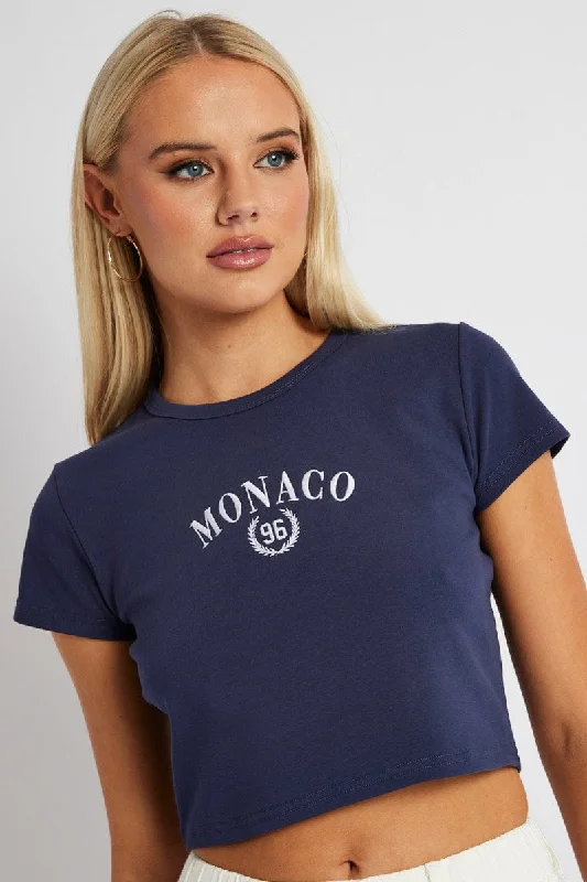 Year-End Sale Blue Graphic Tee Crop Short Sleeve