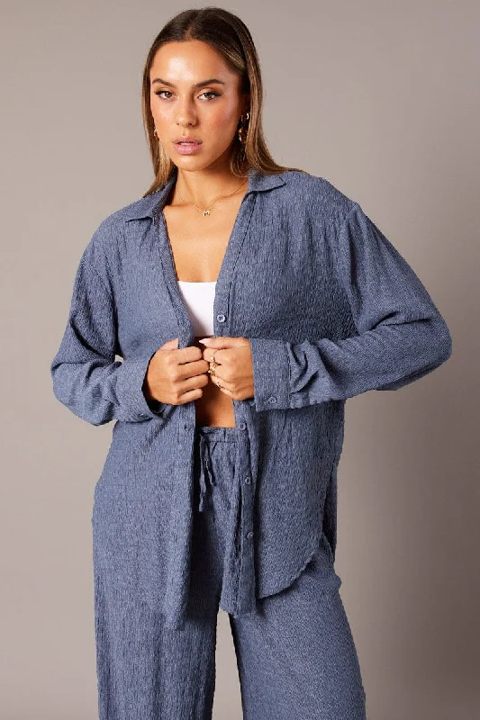 Exclusive Preview Blue Textured Shirt Long Sleeve