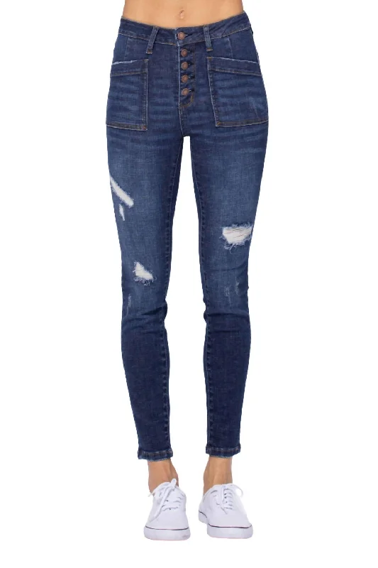 YEAR-End Sale Cargo Patch High Rise Skinny Jean In Dark Blue
