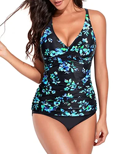 Incredible Offers Front Ruched Tummy Control Tankini Swimsuits For Women-Black Blue Floral Incredible Offers Front Ruched Tummy Control Tankini Swimsuits For Women-Black Blue Floral