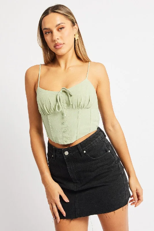 Weekend Deal Green Cami Top Sleeveless Corset Linen Blend