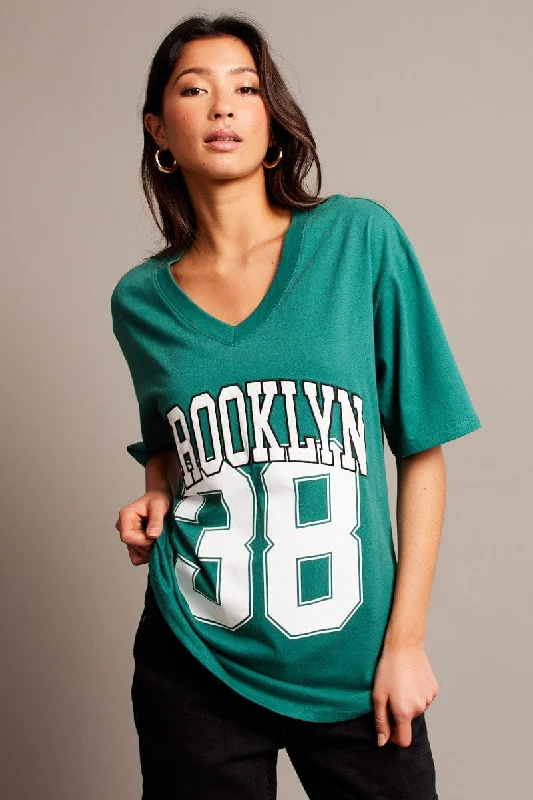 Overstock Green Graphic Tee V Neck Short Sleeve