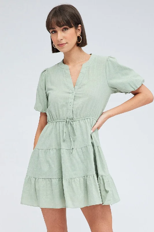 Instant Discount Green Shirt Dress Short Sleeve Tiered