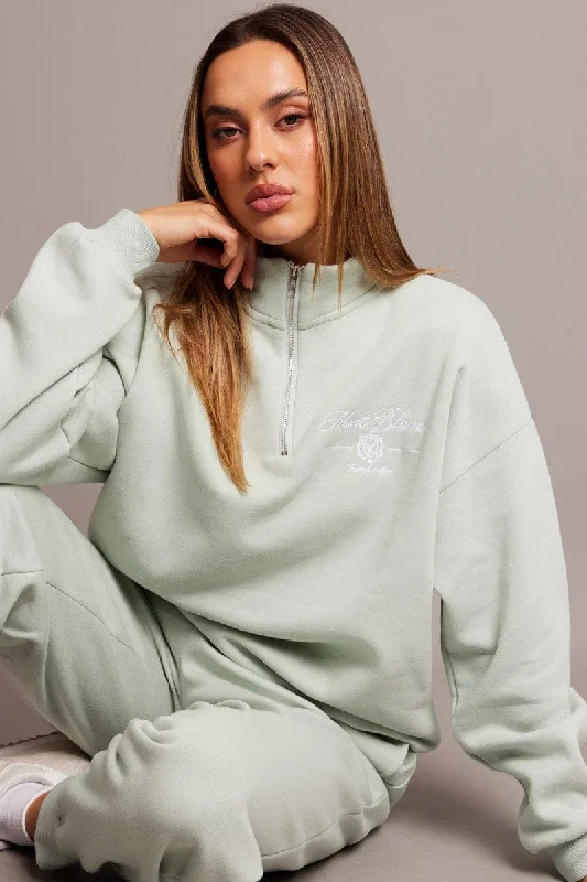 Early Bird Discount Green Zip Sweater Funnel Neck Oversized