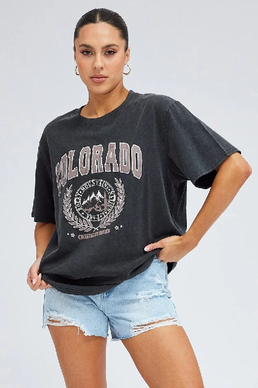 Clearance Sale Grey Graphic Tee Short Sleeve Round Neck