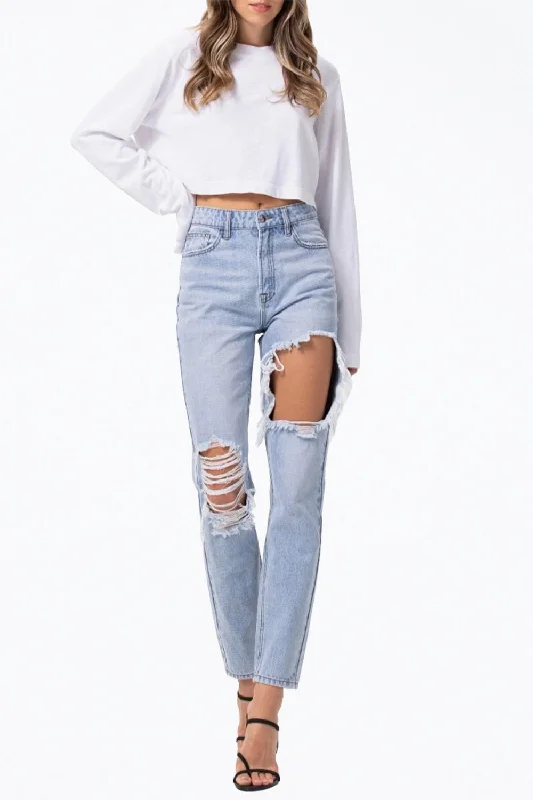 Act Fast High-Rise Distressed Tapered Jeans In Light Blue