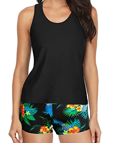 Final Clearance Modest Tankini Set Boyshort For Women-Black Pineapple