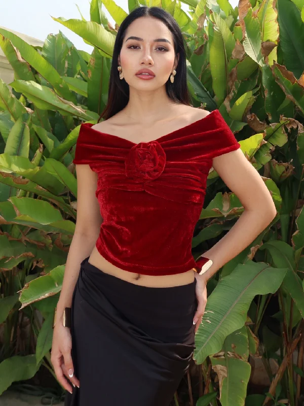Exclusive Savings Velvet Off-Shoulder Rose Top