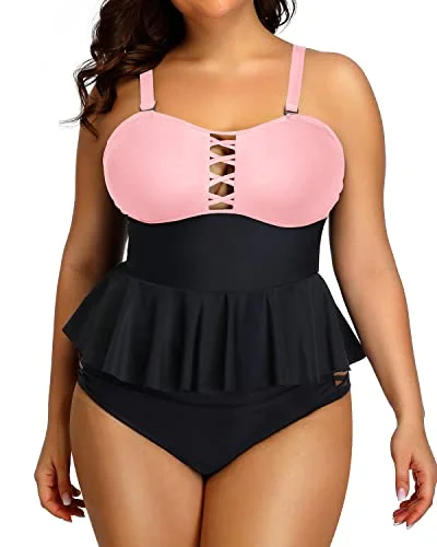 Must-Have Deals Peplum Tankini Tops Built-In Padded Bra For Women Plus Size Bathing Suits-Pink And Black Must-Have Deals Peplum Tankini Tops Built-In Padded Bra For Women Plus Size Bathing Suits-Pink And Black