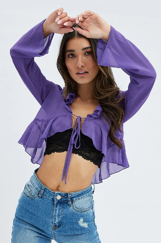 Flash Sale Purple Top Long Sleeve V Neck with Tie Ruffle Chiffon