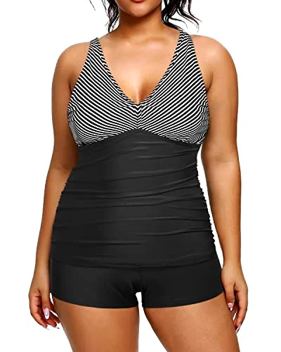 Weekend Flash Sale Ruched Plus Size Athletic Tankini Two Piece Swimsuits Shorts-Black And White Stripe Weekend Flash Sale Ruched Plus Size Athletic Tankini Two Piece Swimsuits Shorts-Black And White Stripe
