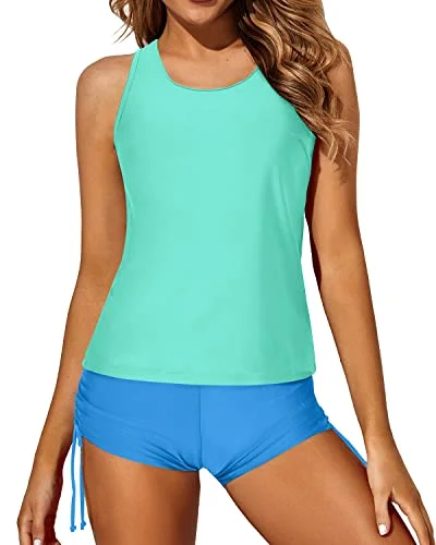Special Price Sexy Criss Cross Straps Backless Tankini Set For Women-Blue Green