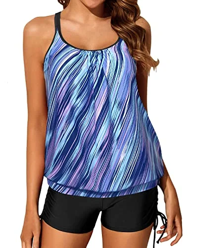 Take Advantage Slimming Criss Cross Back Blouson Tankini Swimsuits Boy Shorts-Blue And Black Stripe Take Advantage Slimming Criss Cross Back Blouson Tankini Swimsuits Boy Shorts-Blue And Black Stripe