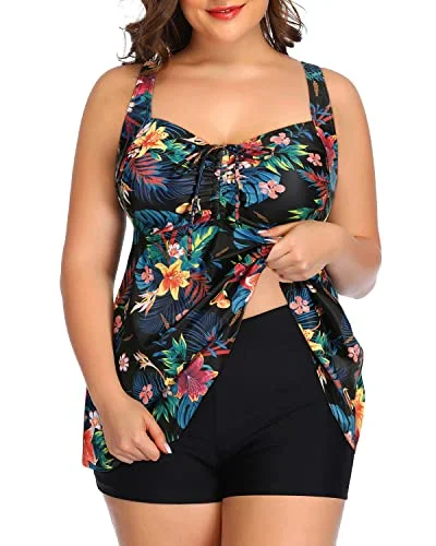 Unmissable Offer Tie Knot Swim Tops Tankini Swimsuits Shorts-Black Flowers