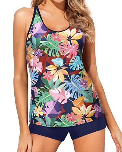 Bonus Savings Tummy Control Two Piece Tankini Set For Women Boy Shorts-Blue Leaves