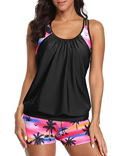 Customer Appreciation Sale Sporty T-Back Tankini Swimwear Boy Shorts For Women-Black Conut Tree Customer Appreciation Sale Sporty T-Back Tankini Swimwear Boy Shorts For Women-Black Conut Tree