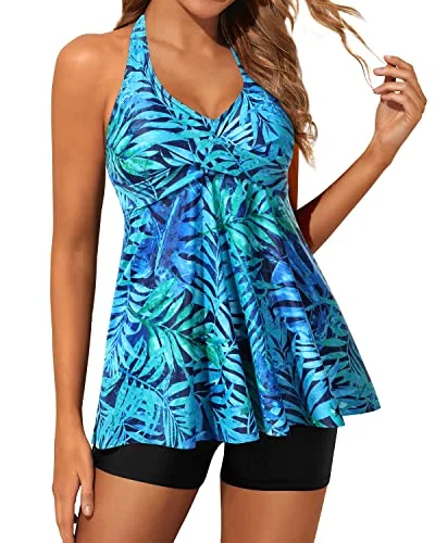 Daily Deals Two Piece Tankini Swimsuits For Women Shorts Flowy Twist Front Swimwear-Dark Blue Green Leaves Daily Deals Two Piece Tankini Swimsuits For Women Shorts Flowy Twist Front Swimwear-Dark Blue Green Leaves