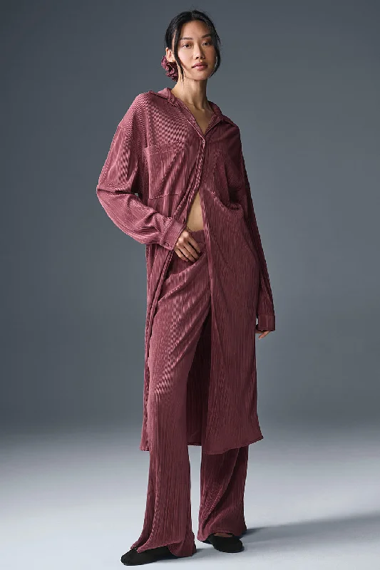 Limited Time Micro Plisse Shirt Dress - Burgundy Truffle