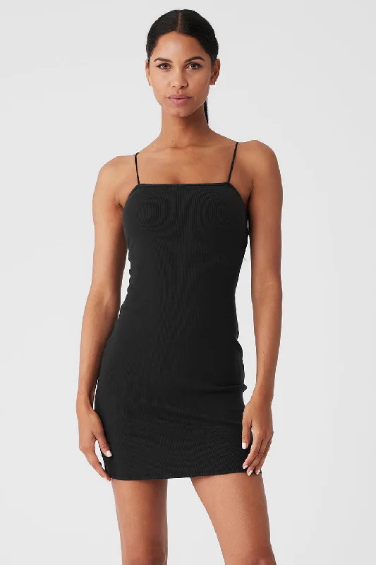 Act Now Goddess Ribbed Spaghetti Strap Dress - Black