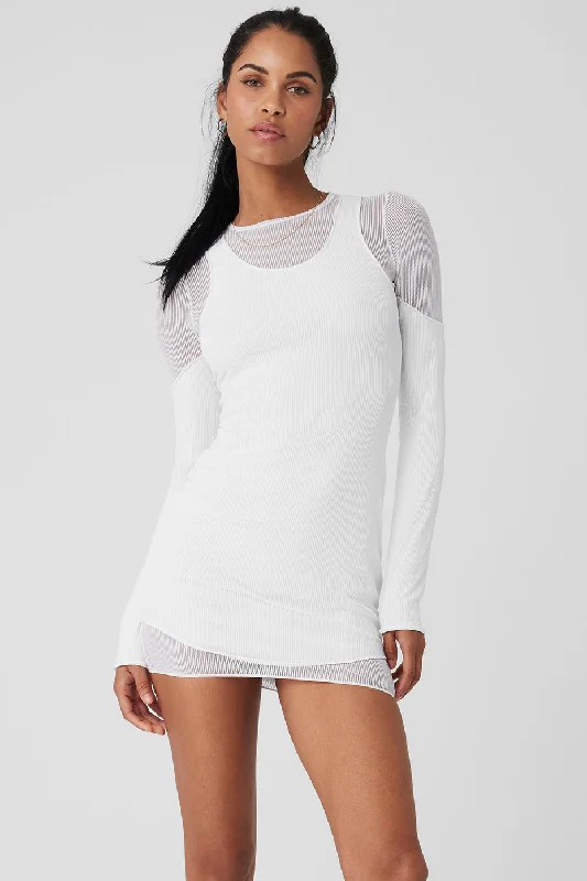 Price Break Striped Mesh Synergy Long Sleeve Dress - White