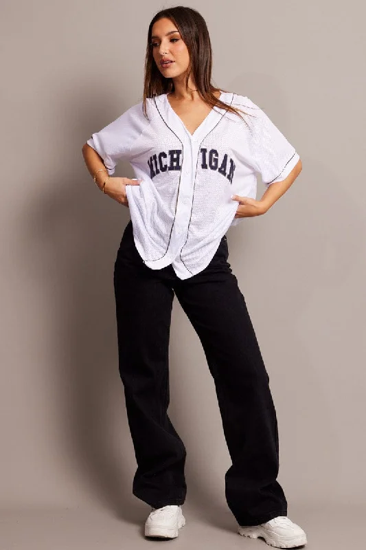 Major Savings White Graphic Tie Up Top Short Sleeve Mesh
