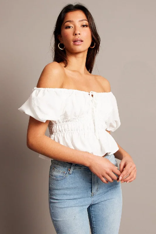 Weekend Deal White Peplum Top Short Sleeve Ruched