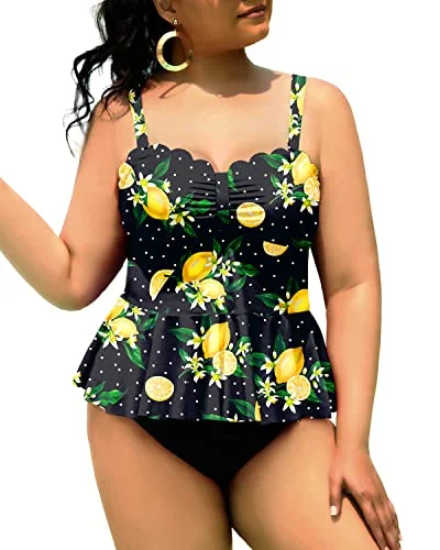 Stock Clearance Women Peplum Swimwear Scalloped Swimsuits Tummy Control Bathing Suits-Black Lemon Stock Clearance Women Peplum Swimwear Scalloped Swimsuits Tummy Control Bathing Suits-Black Lemon
