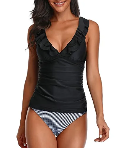 Warehouse Sale Deep V Neck Ruffle Tankini Swimsuits For Women-Black Stripe