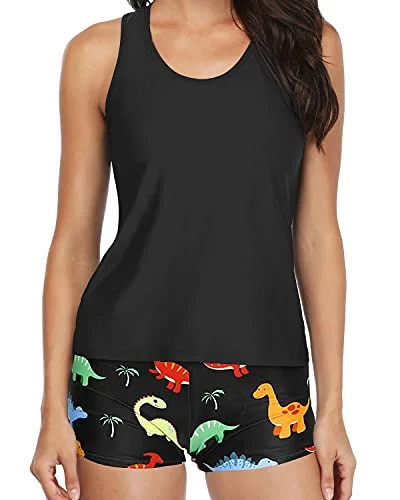 Act Now Athletic 3-Piece Tankini Swimsuits Tummy Control Shorts-Black Dinosaur