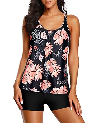 Don't Miss Double Up Tankini Top Boy Shorts Tankini Swimsuits For Women-Black And Orange Floral Don't Miss Double Up Tankini Top Boy Shorts Tankini Swimsuits For Women-Black And Orange Floral