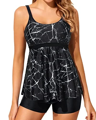 Midnight Madness Women's Slimming Tankini Swimsuit Adjustable Shoulder Straps-Black Marble