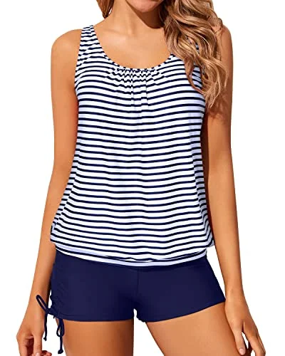 Hot Deal Loose Fitting Blouson Tankini Swimsuits For Women Tops Boyshorts-Blue White Stripe Hot Deal Loose Fitting Blouson Tankini Swimsuits For Women Tops Boyshorts-Blue White Stripe
