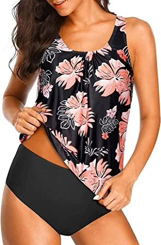 Shop and Save Women's Casual Athletic Tankini Sets Triangle Briefs-Black Orange Floral Shop and Save Women's Casual Athletic Tankini Sets Triangle Briefs-Black Orange Floral