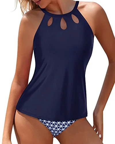 Bargain Blast Backless Halter Top & Modest Bottom Tummy Control Two Piece Tankini-Navy Blue Tribal