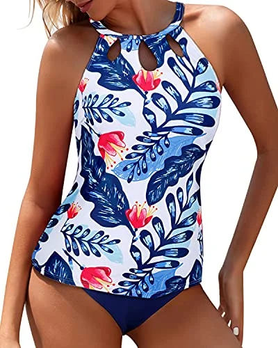 Deal Explosion High Waisted Swim Bottom Tummy Control Backless Tankini-White And Blue Floral Deal Explosion High Waisted Swim Bottom Tummy Control Backless Tankini-White And Blue Floral