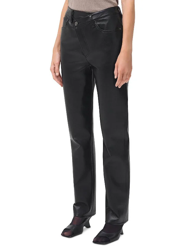 Amazing Deals Womens Leather Blend High Rise Straight Leg Pants
