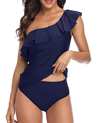 Instant Savings Asymmetric One Shoulder Neckline Swimsuits For Women-Navy Blue