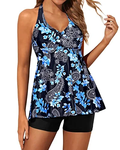 Deal of the Day Two Piece Halter Neck Tankini Bathing Suits For Women Shorts-Black Floral Deal of the Day Two Piece Halter Neck Tankini Bathing Suits For Women Shorts-Black Floral