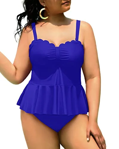 Hurry In Two Piece Cute Ruffle Hem Plus Size Tankini Swimsuits For Curvy Women-Royal Blue Hurry In Two Piece Cute Ruffle Hem Plus Size Tankini Swimsuits For Curvy Women-Royal Blue