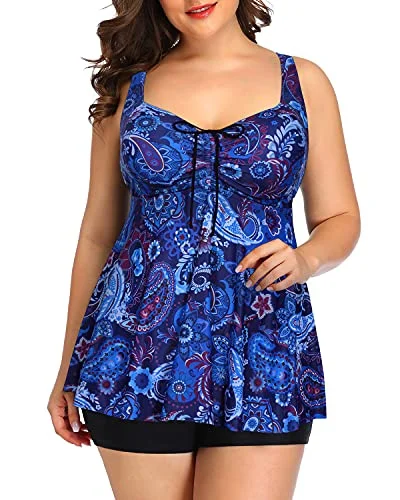 Don't Wait Women's Flowy Plus Size Bathing Suits Boy Shorts-Blue Tribal