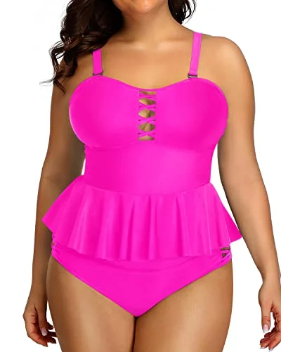 Deep Discounts Women's Plus Size Tummy Control Peplum Tankini Swimsuit-Neon Pink