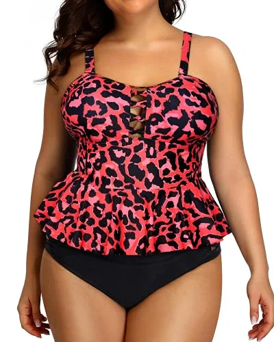 Get It Before It’s Gone Lace Up Women's Plus Size Swimsuits Peplum Tankini Tops-Red Leopard