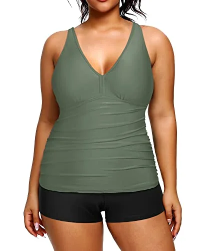 Can't Miss Athletic Plus Size Tankini Boy Shorts Removable Padded Bra Bathing Suits-Olive Green Can't Miss Athletic Plus Size Tankini Boy Shorts Removable Padded Bra Bathing Suits-Olive Green