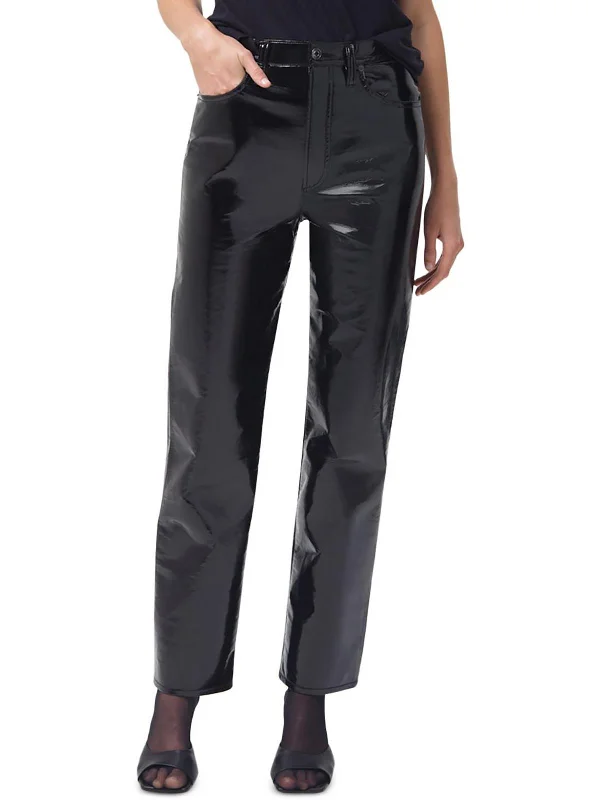 Weekend Deal Womens Recycled Leather Blend Pinch Waist Straight Leg Jeans