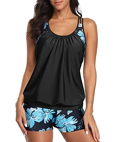 Steals and Deals Layered Design Swim Tank Tops Long Swim Shorts For Women-Blue Green Flowers Steals and Deals Layered Design Swim Tank Tops Long Swim Shorts For Women-Blue Green Flowers