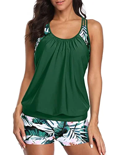 Reduced Prices Modest Coverage Tankini Swimsuits T-Back Blouson Tops And Boy Shorts-Green Tropical Floral Reduced Prices Modest Coverage Tankini Swimsuits T-Back Blouson Tops And Boy Shorts-Green Tropical Floral