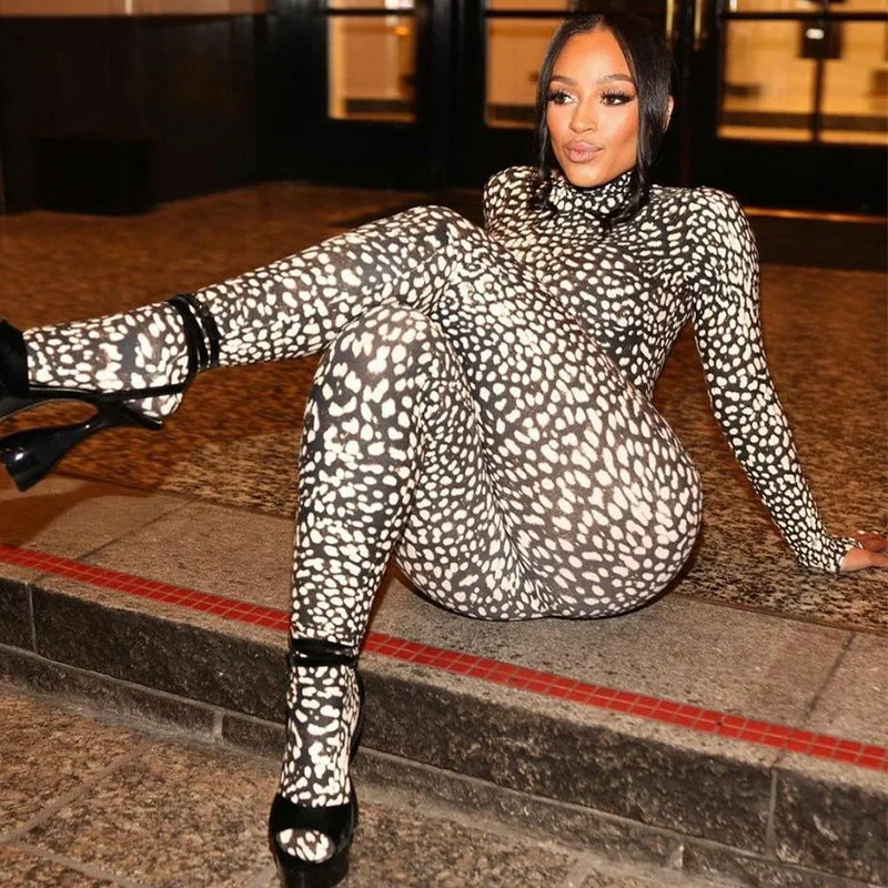 Don't Wait 10577 Tie Dye Print Long Sleeve Bodycon Casual Women One Piece Jumpsuit 2023 New Arrival Party Zipper Back American Clothing