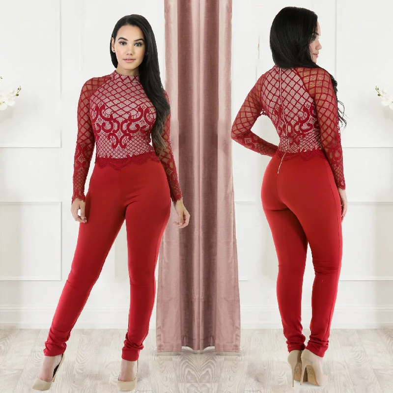 Stock Clearance 2022 Hot Stylish New Lace Sheer Long-Sleeved Women Sexy Jumpsuit Lady Clothing