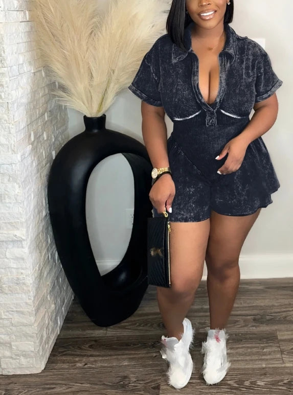 Great Deals Women printed pleated  deep V-neck short sleeve casual jumpsuit